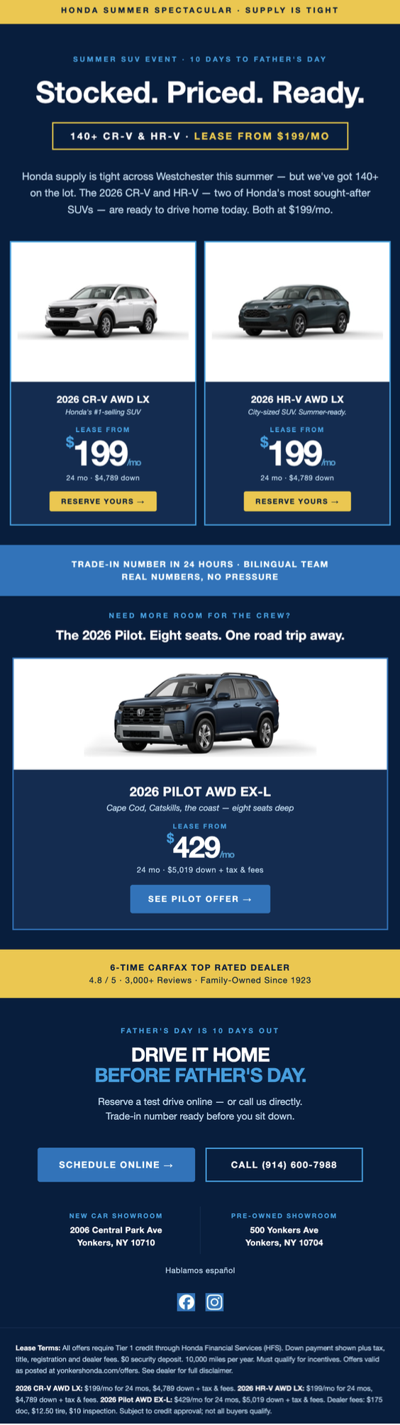 Yonkers Honda 'Stocked. Priced. Ready.' Summer Spectacular email featuring 140+ CR-V and HR-V inventory at $199/mo lease and the 2026 Pilot AWD EX-L at $429/mo for Father's Day.
