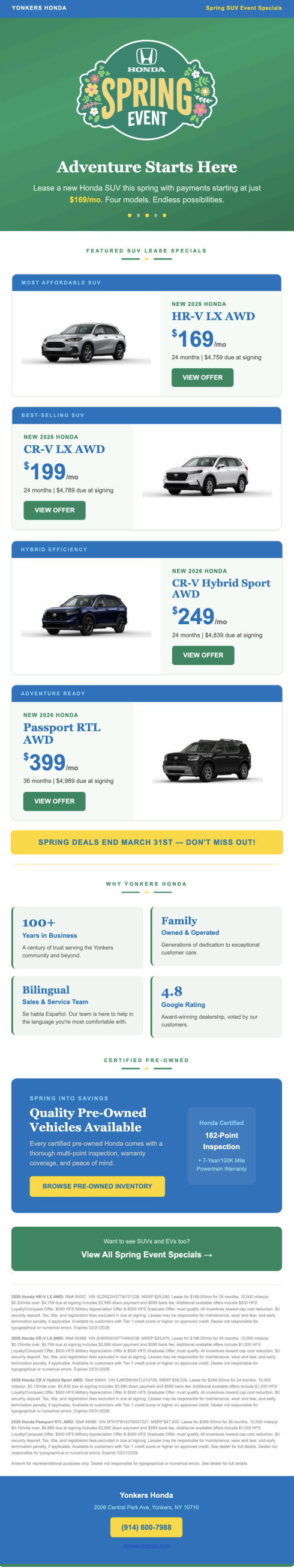 Yonkers Honda 'Spring Event — Adventure Starts Here' email showcasing the 2026 HR-V at $169/mo, CR-V at $199/mo, CR-V Hybrid Sport at $249/mo, and Passport RTL at $399/mo with a Spring Deals End March 31st urgency banner.